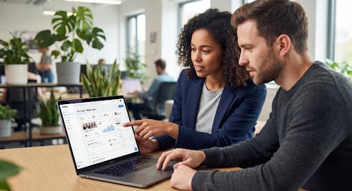 Bugv team members discussing on a laptop